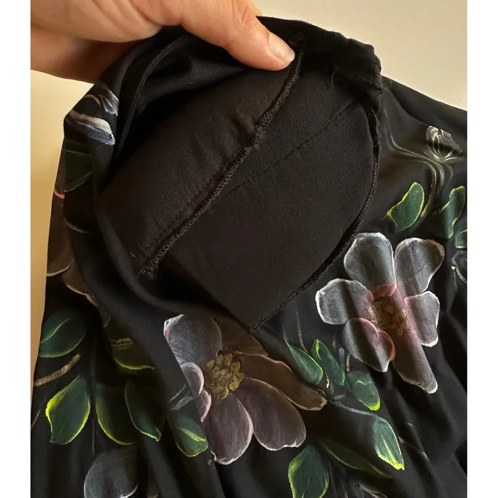 Phoenix‎ Vintage Hand Painted Floral Black Midi Dress Shoulder Pads Tie Waist OS